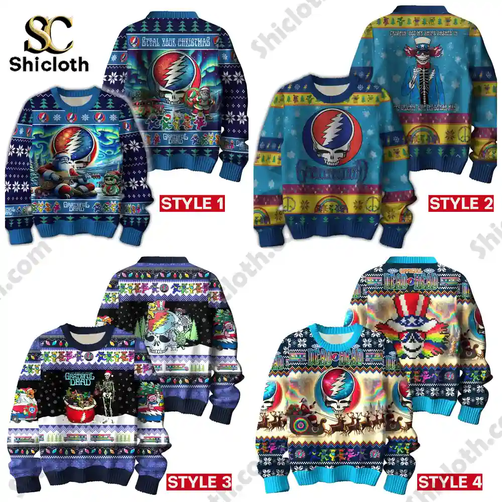 Four different Grateful Dead Christmas sweater designs displayed side by side labeled by style!