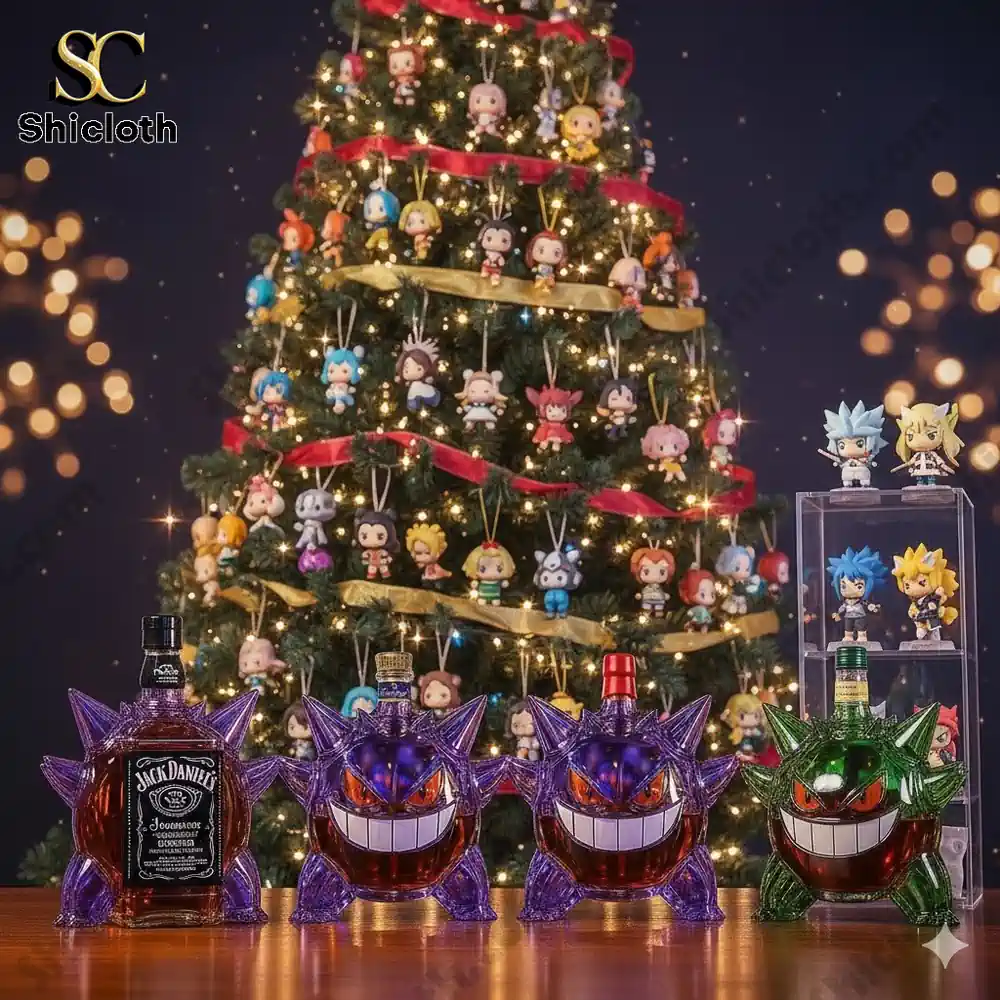 A Christmas tree adorned with various character ornaments, with a row of purple Gengar-shaped whiskey bottles in front.