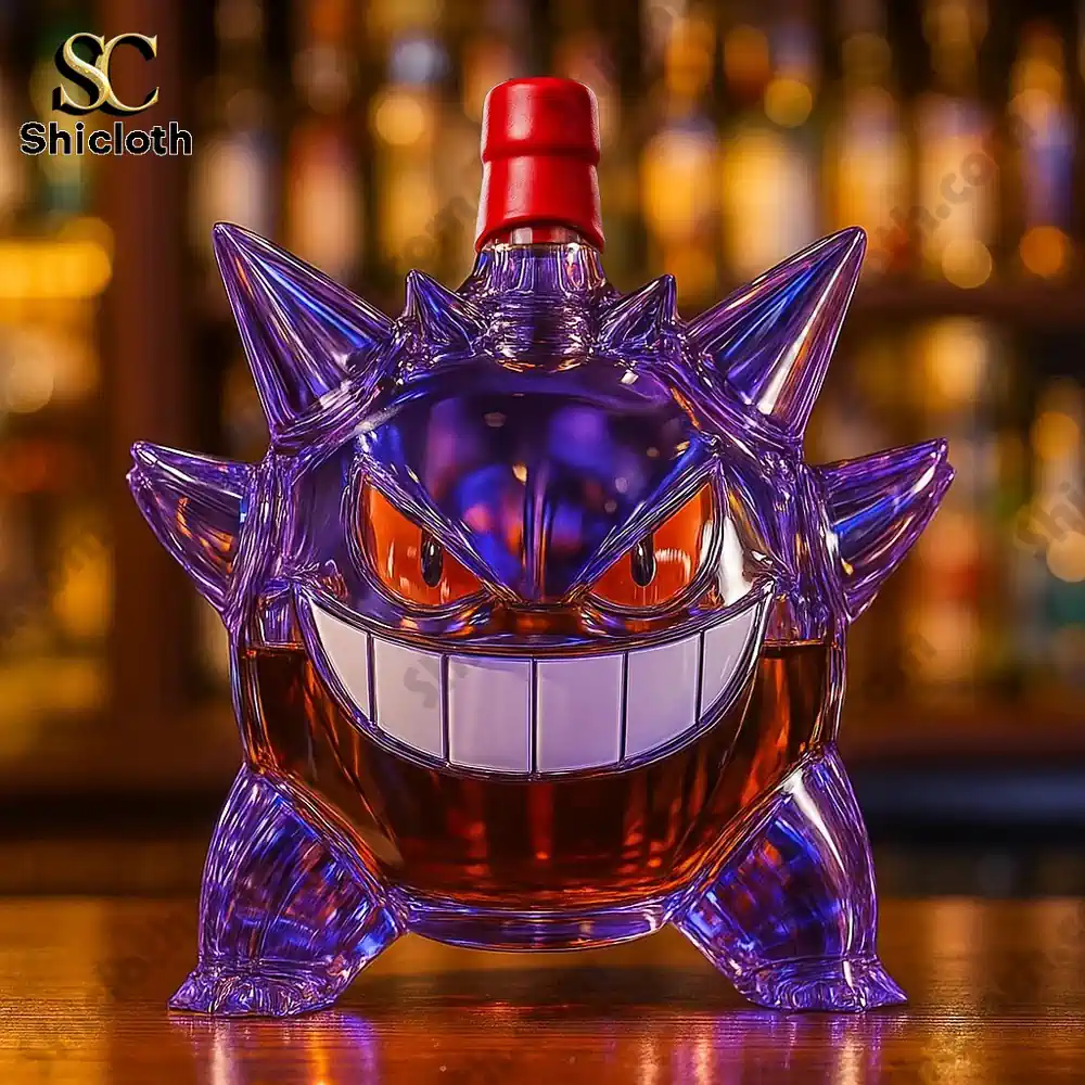 Close-up of a Gengar-shaped whiskey bottle, showing the purple bottle design with a red cap.
