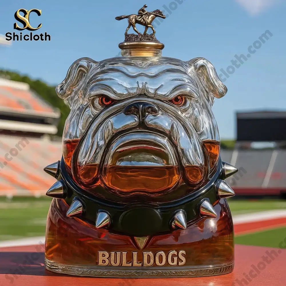 A bulldog shaped bottle with a rider topper displayed on a football field.