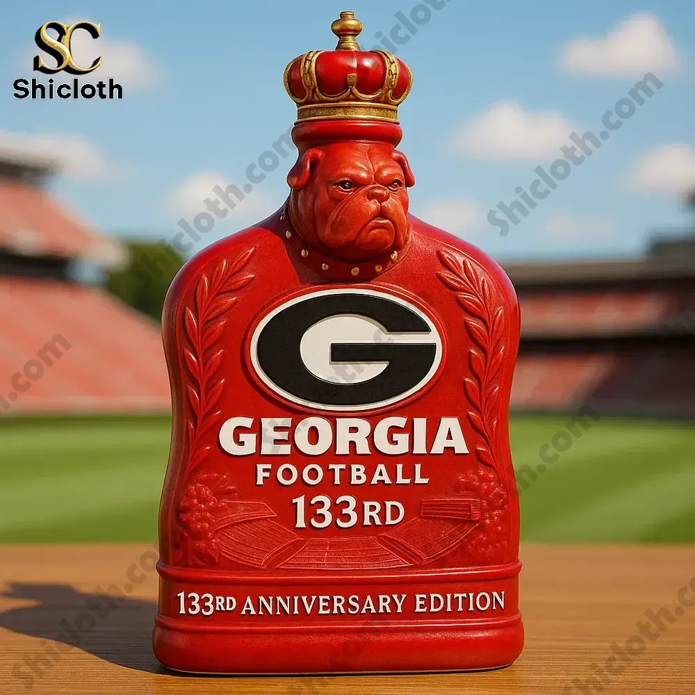 A red Georgia one hundred thirty third anniversary bottle with a black cap in a football stadium!