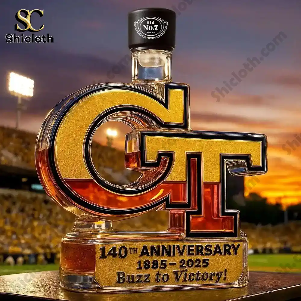 Georgia Tech Yellow Jackets 140th Anniversary?Christmas Whiskey Bottle 3 A GT anniversary bottle with a black top displayed in a stadium setting.