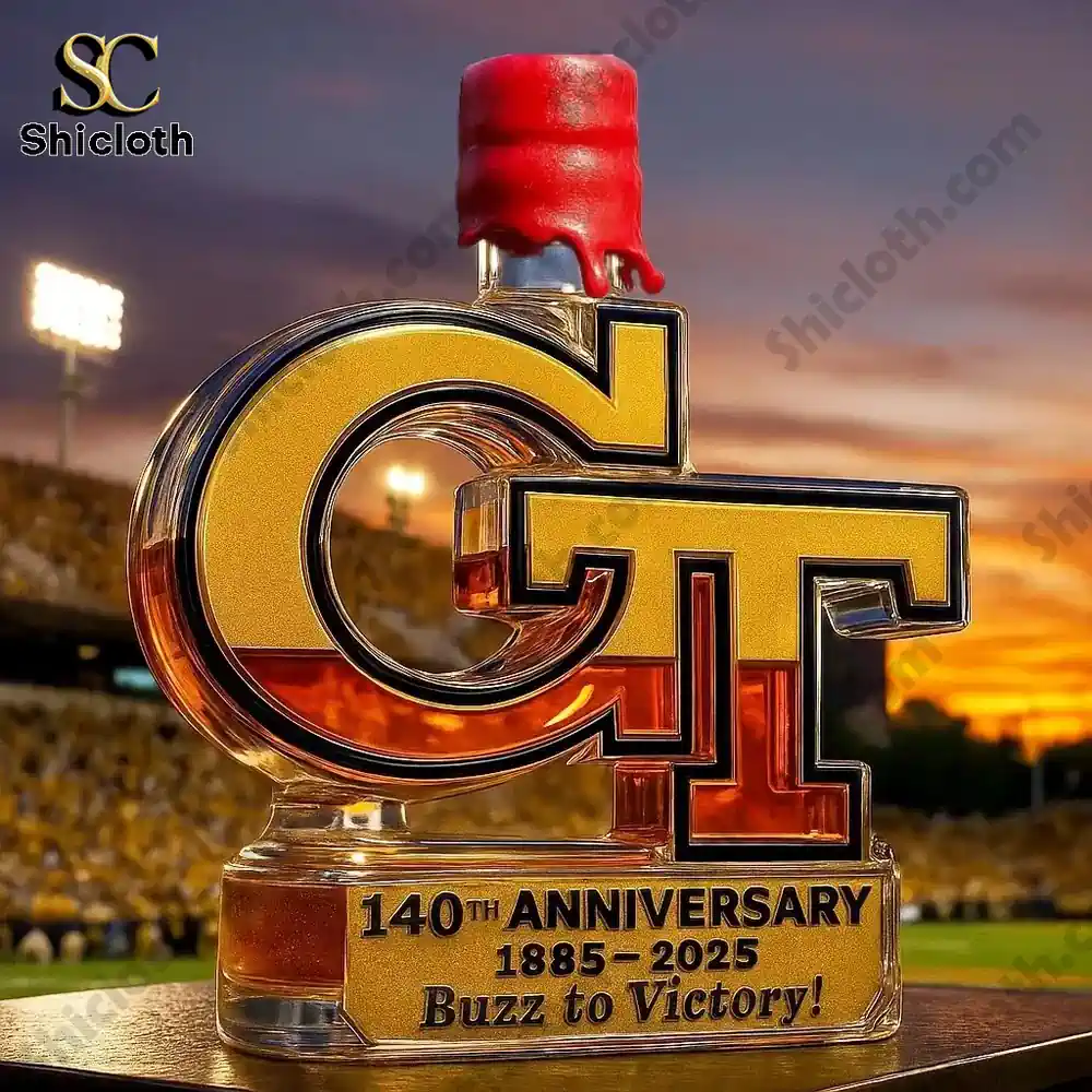 Georgia Tech Yellow Jackets 140th Anniversary?Christmas Whiskey Bottle 4 A GT anniversary bottle with a red wax top displayed in a stadium setting.