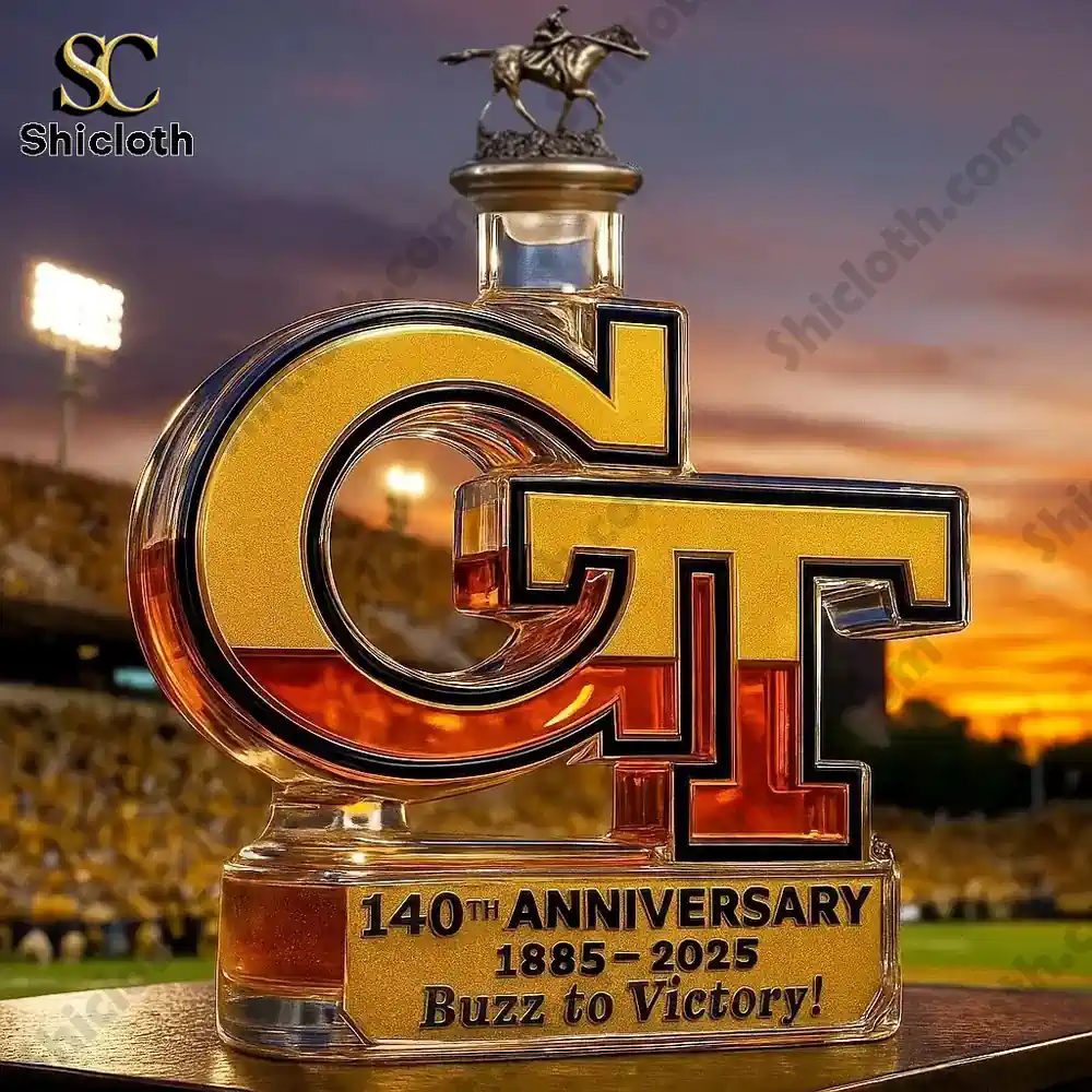 Georgia Tech Yellow Jackets 140th Anniversary?Christmas Whiskey Bottle 5 A GT anniversary bottle with a horse rider figurine top displayed in a stadium setting.