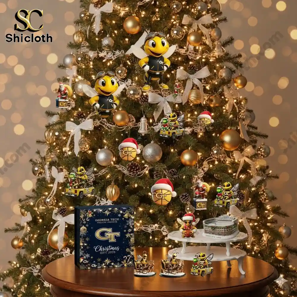 Christmas tree decorated with Georgia Tech Yellow Jackets ornaments and lights.