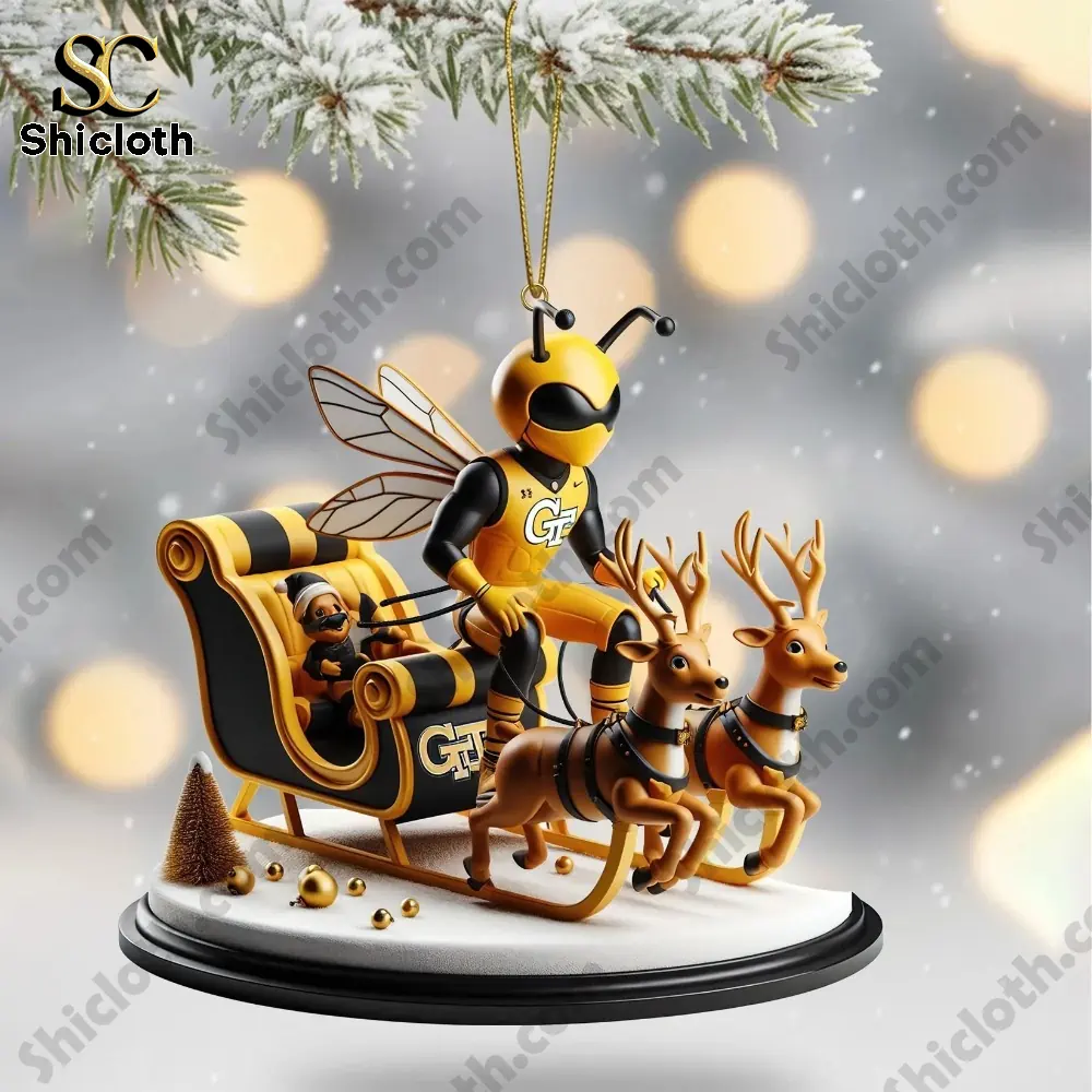Georgia Tech Yellow Jackets Christmas Tree Topper And Ornament Set 4 Georgia Tech mascot riding a Christmas sleigh with reindeer ornament.