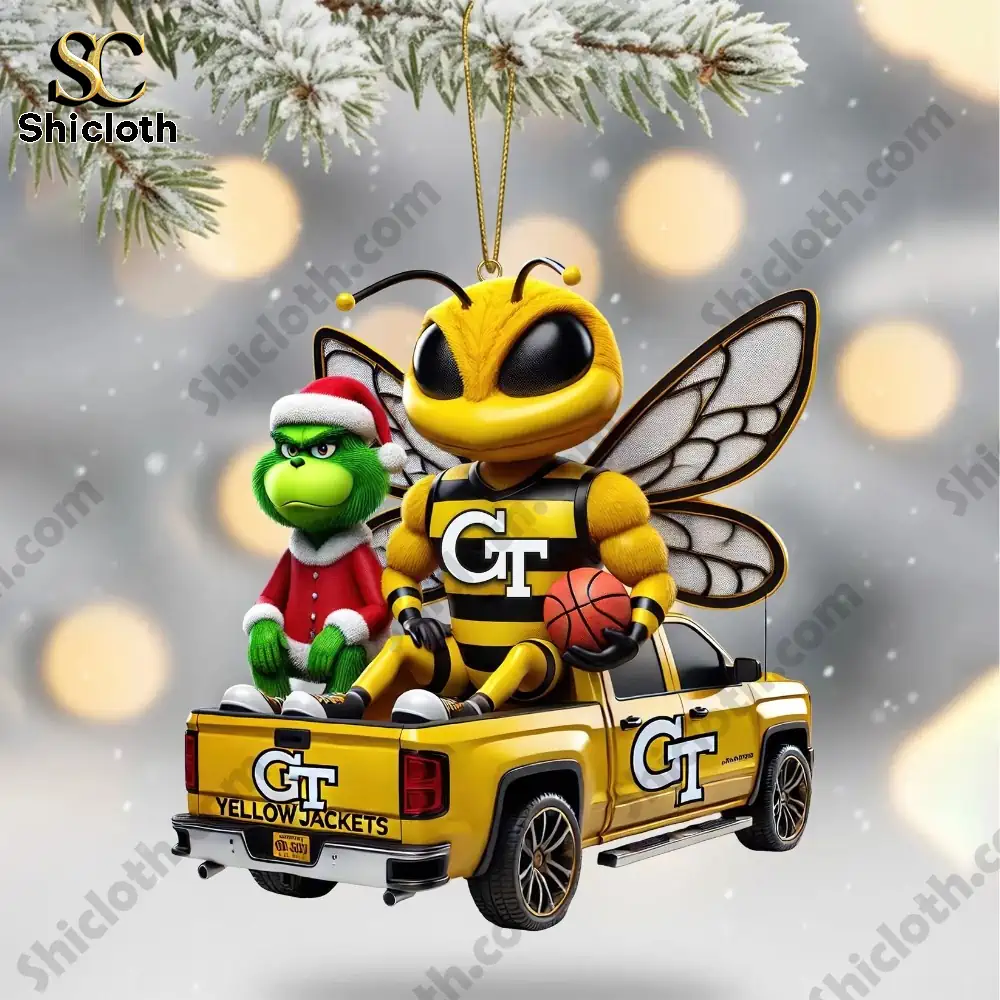 Georgia Tech Yellow Jackets Christmas Tree Topper And Ornament Set 6 Georgia Tech mascot and Grinch riding in a yellow GT truck ornament.