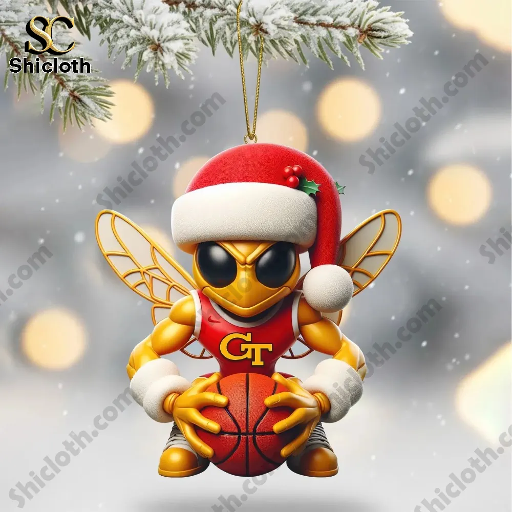 Georgia Tech Yellow Jackets Christmas Tree Topper And Ornament Set 7 Georgia Tech mascot holding basketball ornament wearing Santa hat.