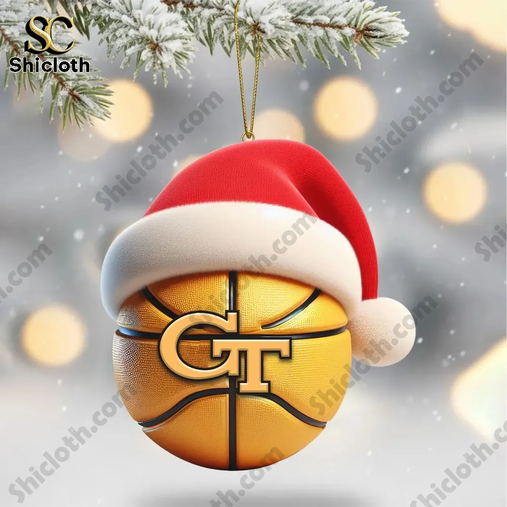 Georgia Tech Yellow Jackets Christmas Tree Topper And Ornament Set 8 Georgia Tech basketball ornament with Santa hat.