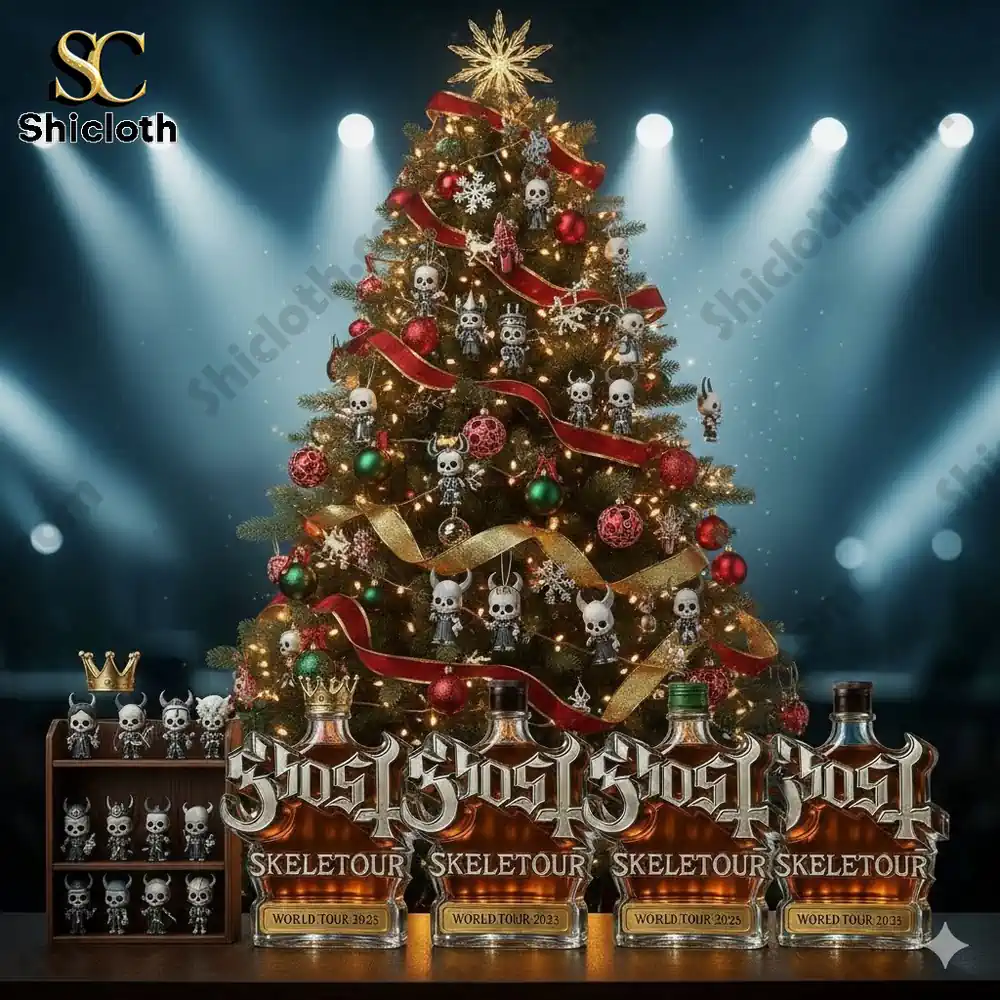 Christmas tree decorated with Ghost themed ornaments and Skeletour bottles displayed on a table.
