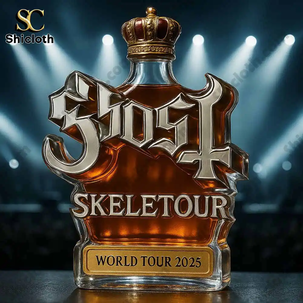 Ghost Skeletour world tour two thousand twenty five bottle with a gold crown cap on a dark stage background.