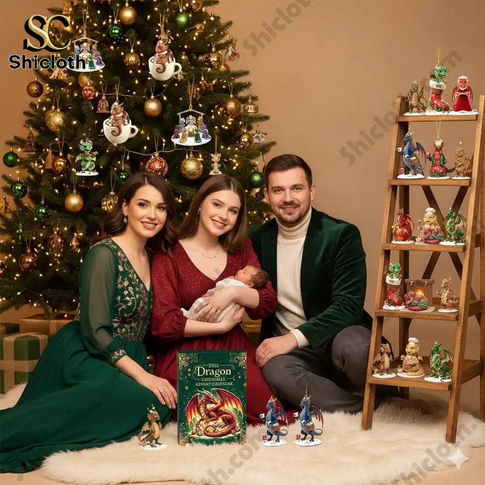 A family sitting beside a Christmas tree with the 2025 Dragon Christmas Advent Calendar box and dragon figurines displayed around them!