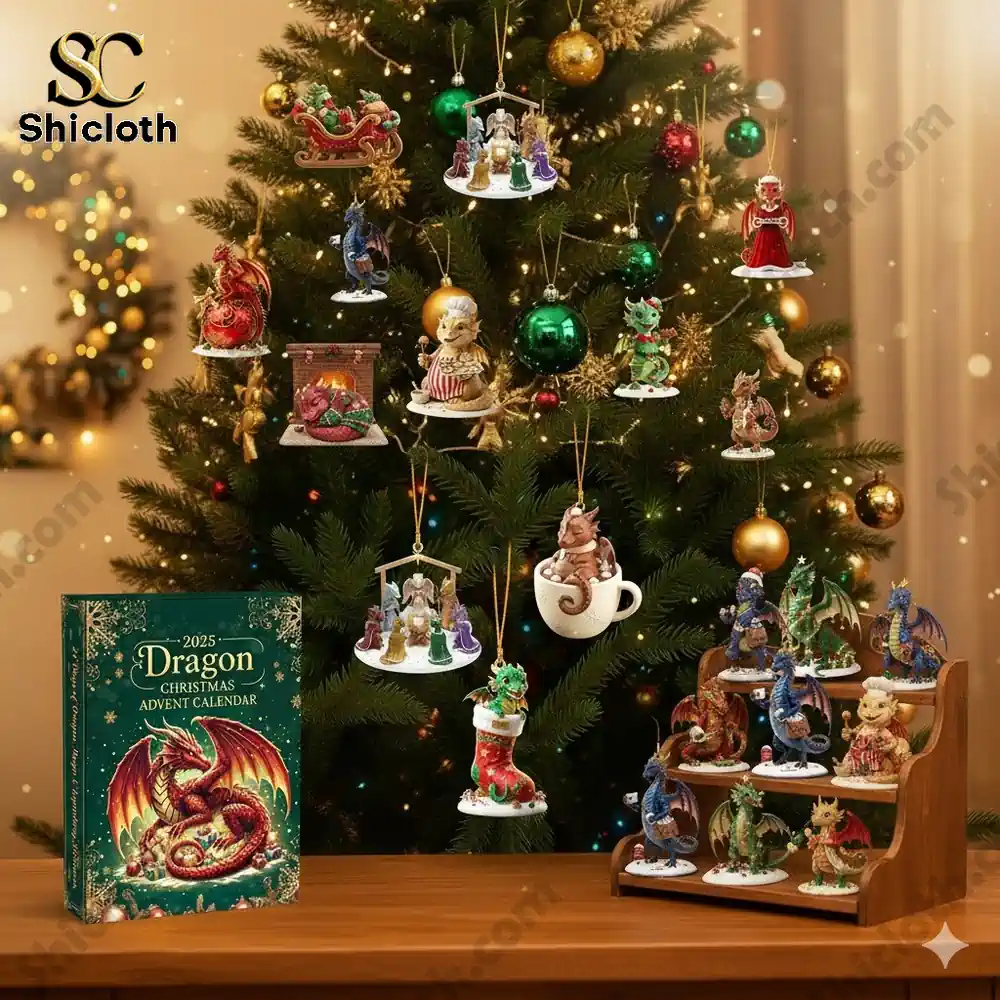 A decorated Christmas tree with dragon figurines and the 2025 Dragon Christmas Advent Calendar box by Shicloth!