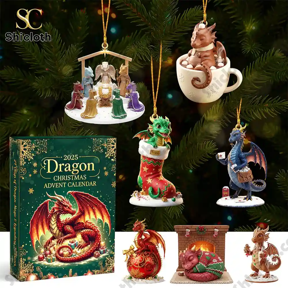 Gifts For Dragon Lovers Christmas 2025 Advent Calendar Blind Box 4 Mini dragon figurines from the 2025 Dragon Christmas Advent Calendar displayed next to the main box by Shicloth!
