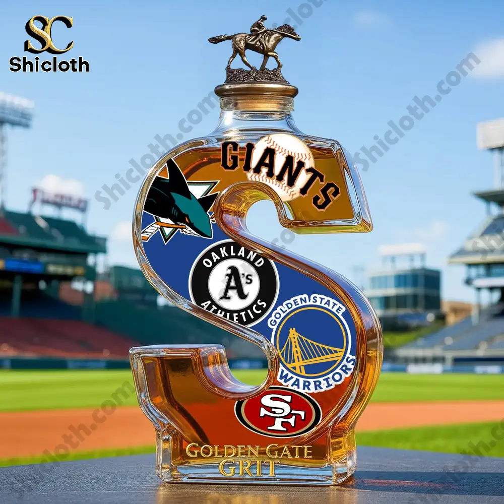 A Golden Gate Grit S shaped bottle with a horse rider topper displayed at a baseball stadium.
