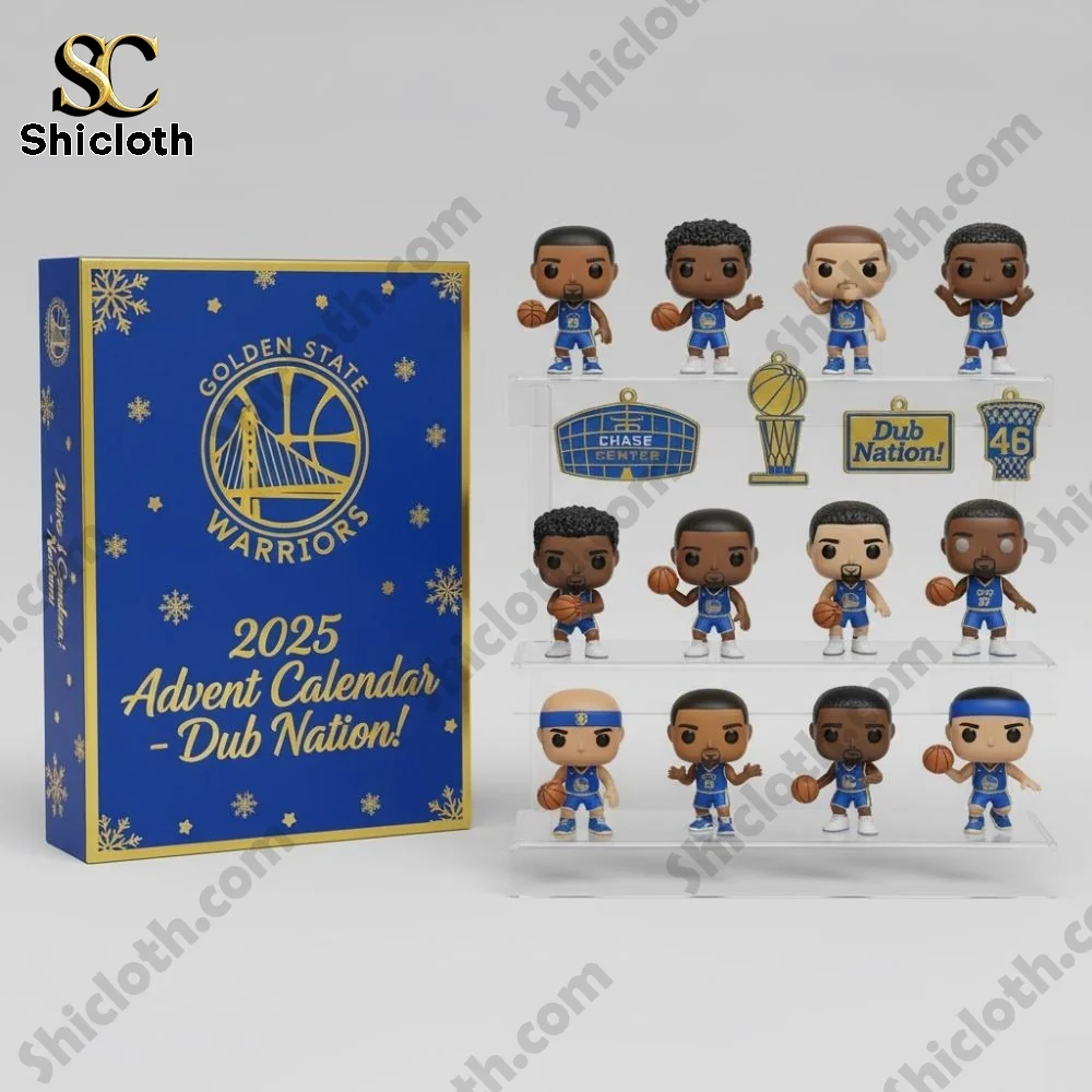 Golden State Warriors advent calendar box and three tier display of mini player figures on a white background!
