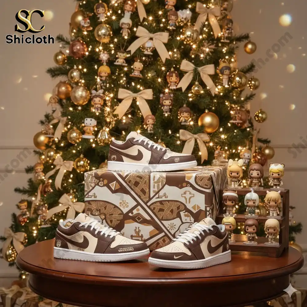 Holiday themed display of brown and cream sneakers in front of a decorated Christmas tree.