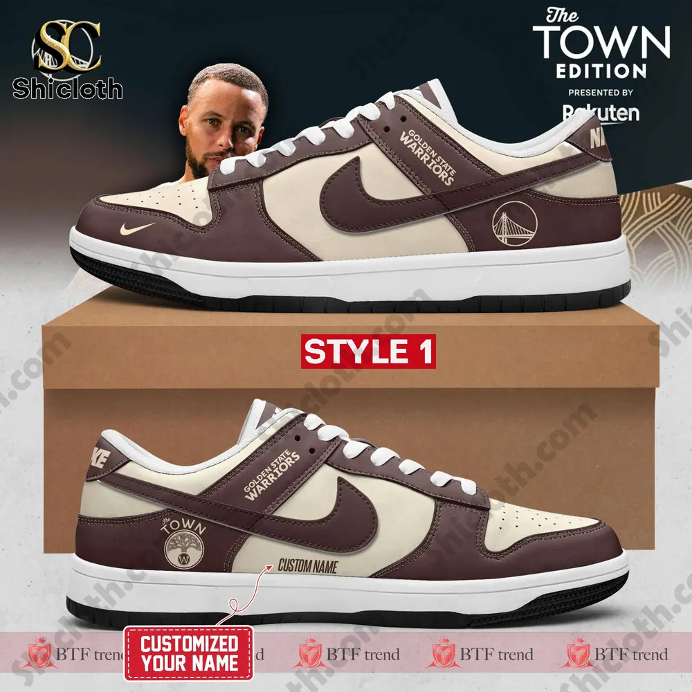 Brown and cream Warriors edition sneaker Style One shown on a box.