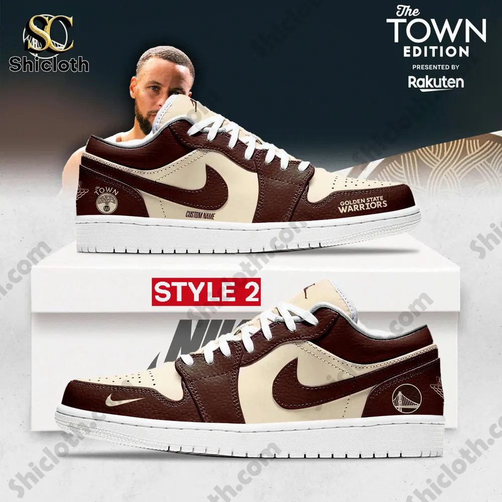 Golden State Warriors Sport Air Force 1 Sneaker 3 Brown and cream Warriors edition sneaker Style Two displayed on a white box.