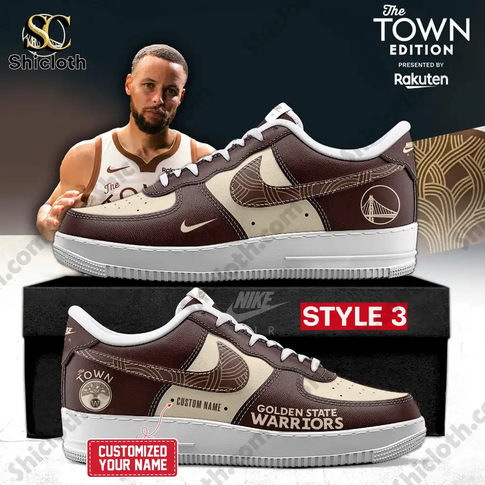 Golden State Warriors Sport Air Force 1 Sneaker 4 Brown and cream Warriors edition sneaker Style Three showcased on a black box.