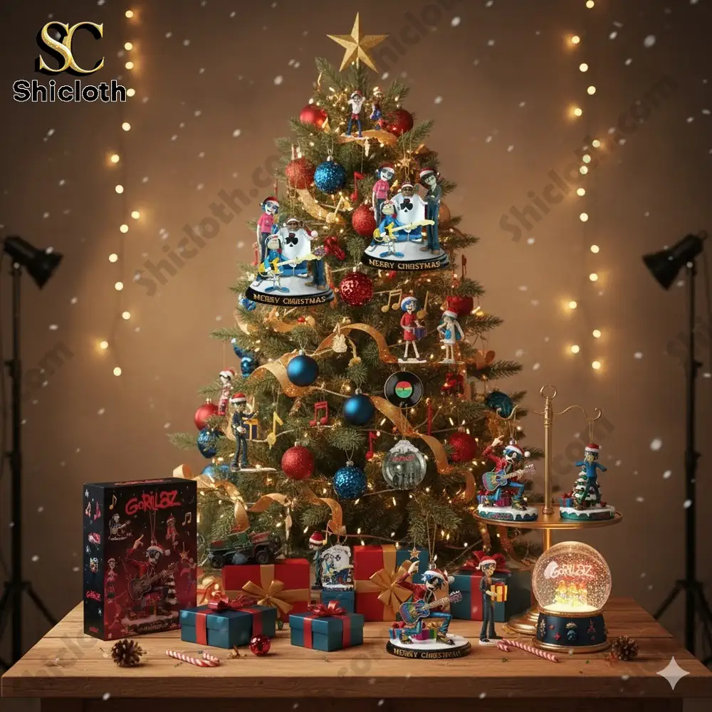 A decorated Christmas tree with Gorillaz themed ornaments and gifts displayed on a table.