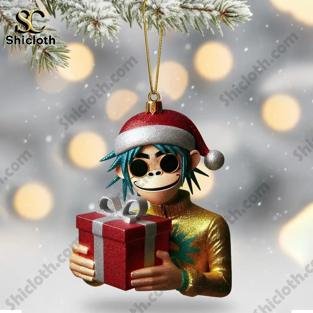A Gorillaz character ornament holding a gift box.