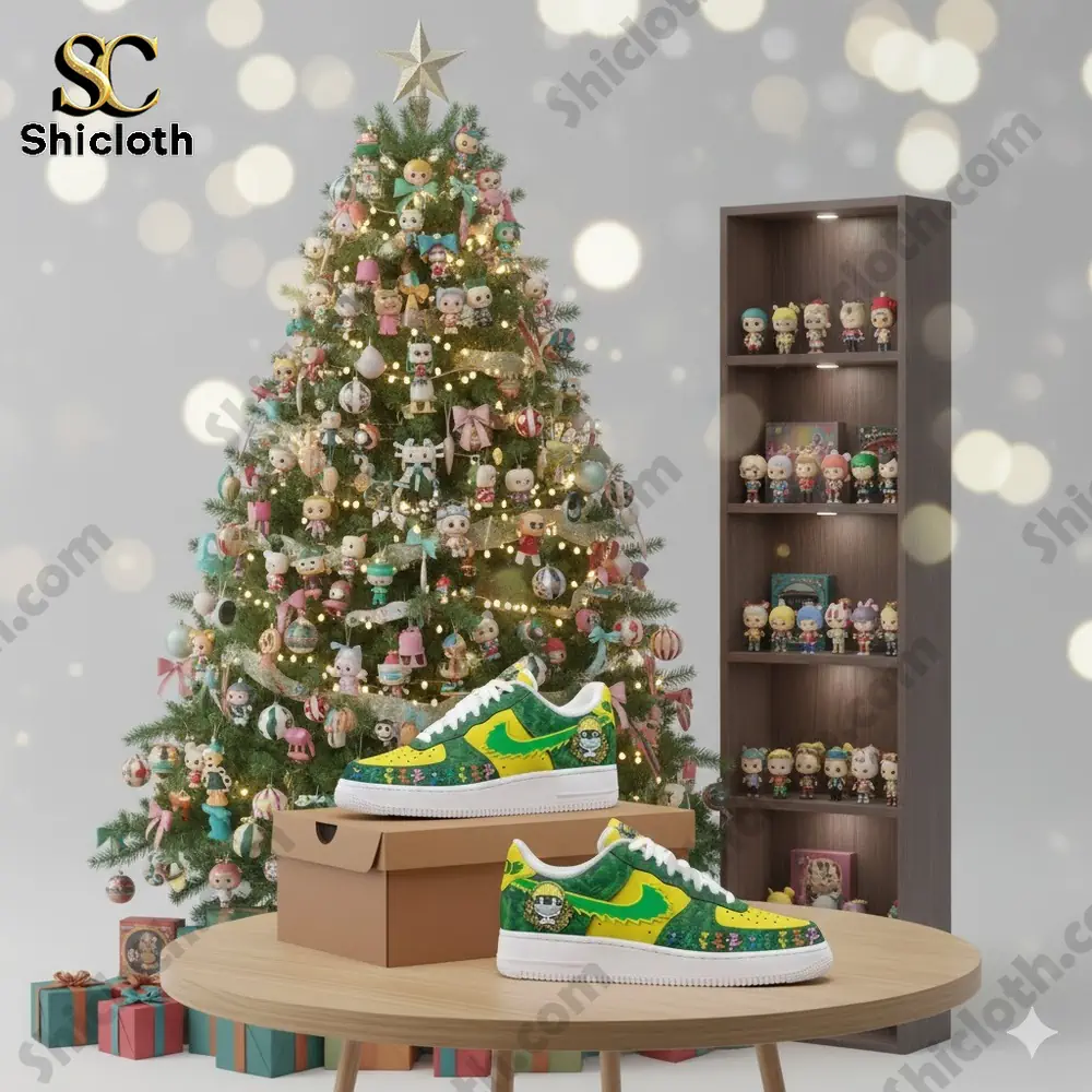 Colorful green and yellow themed sneakers displayed on a table in front of a decorated Christmas tree and a shelf of collectible figures.
