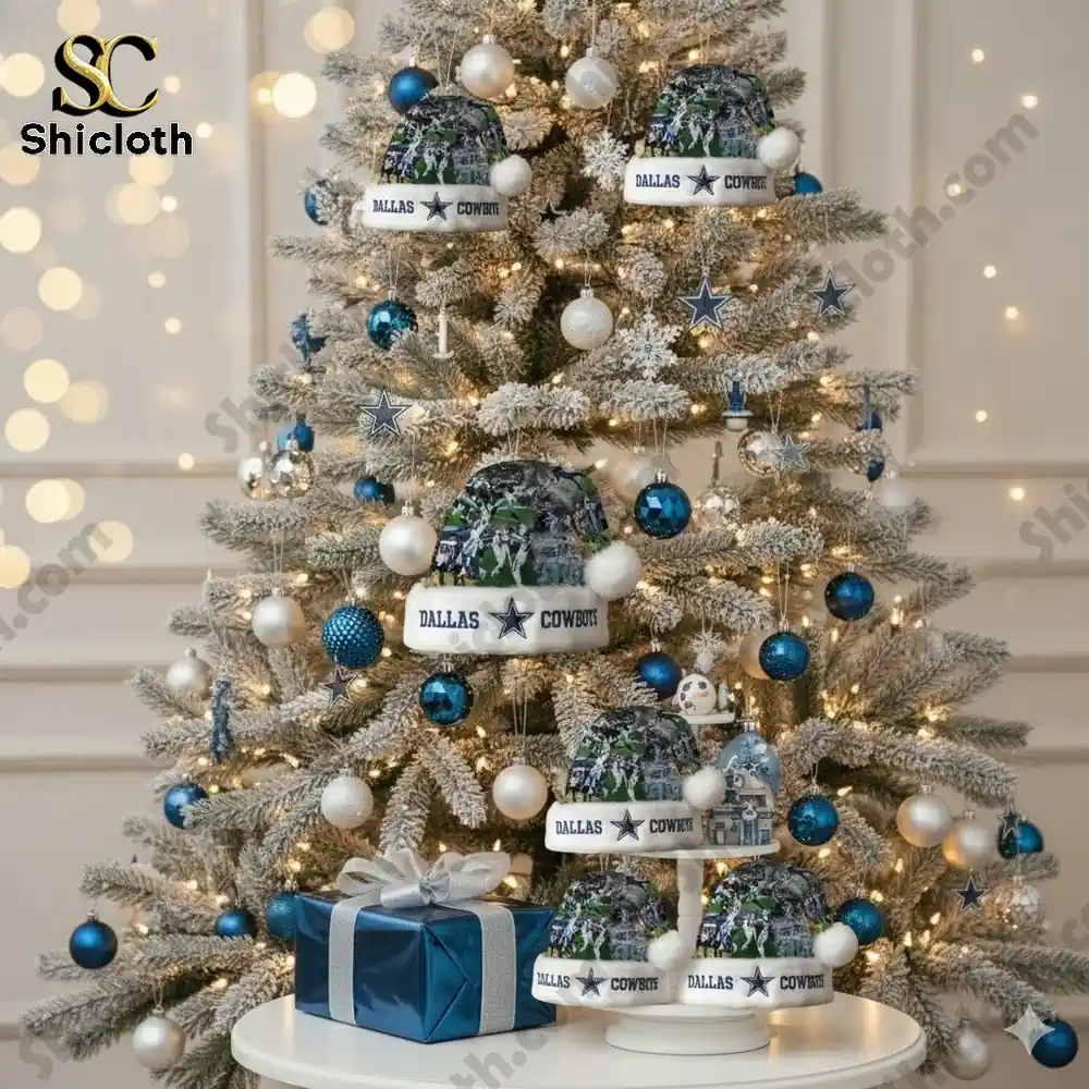 Christmas tree decorated with Dallas Cowboys hats and blue ornaments.