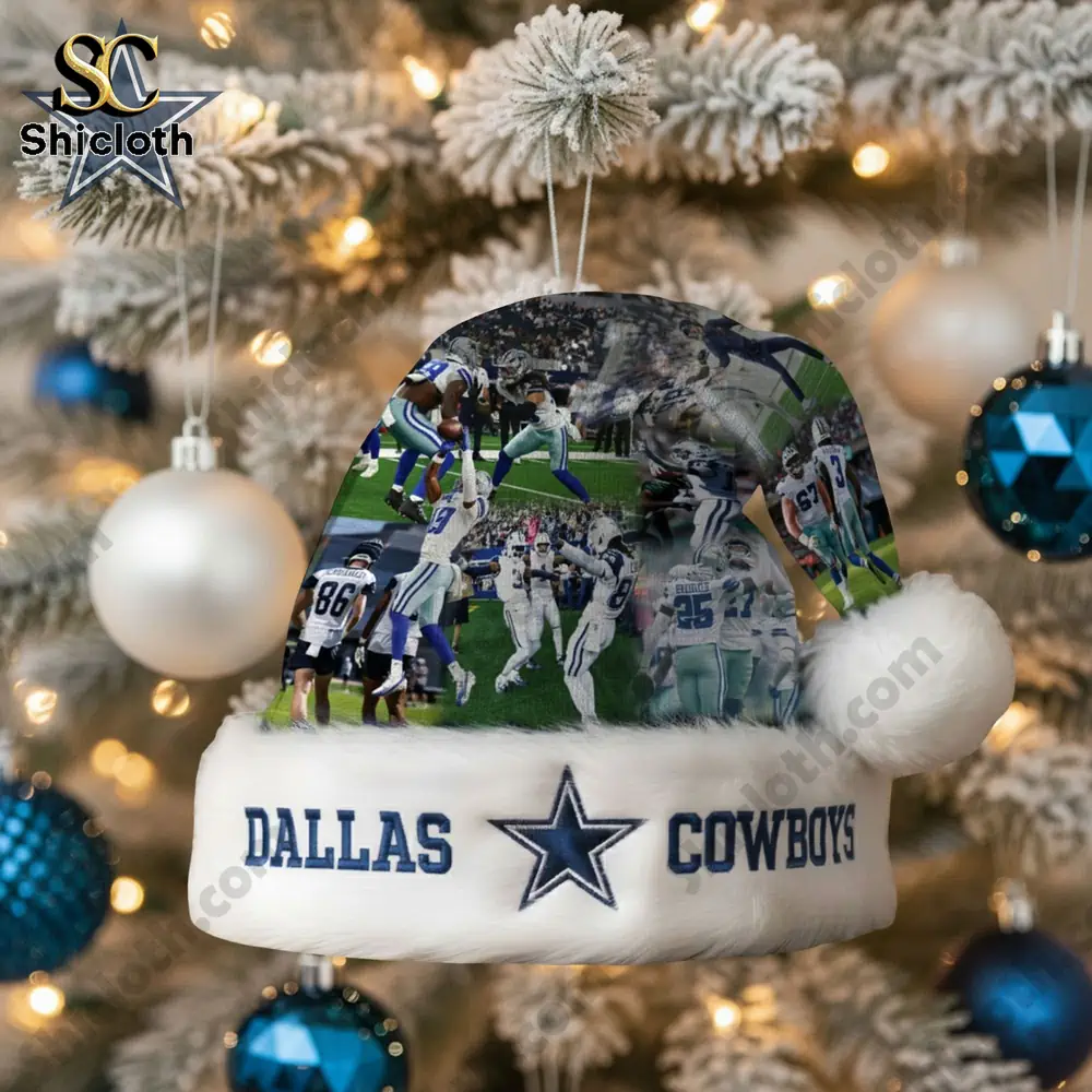 Dallas Cowboys hat ornament with action shots of players on the field.
