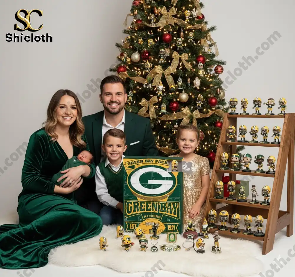 A family poses in front of a Christmas tree with a Green Bay Packers Advent Calendar and miniature figures.