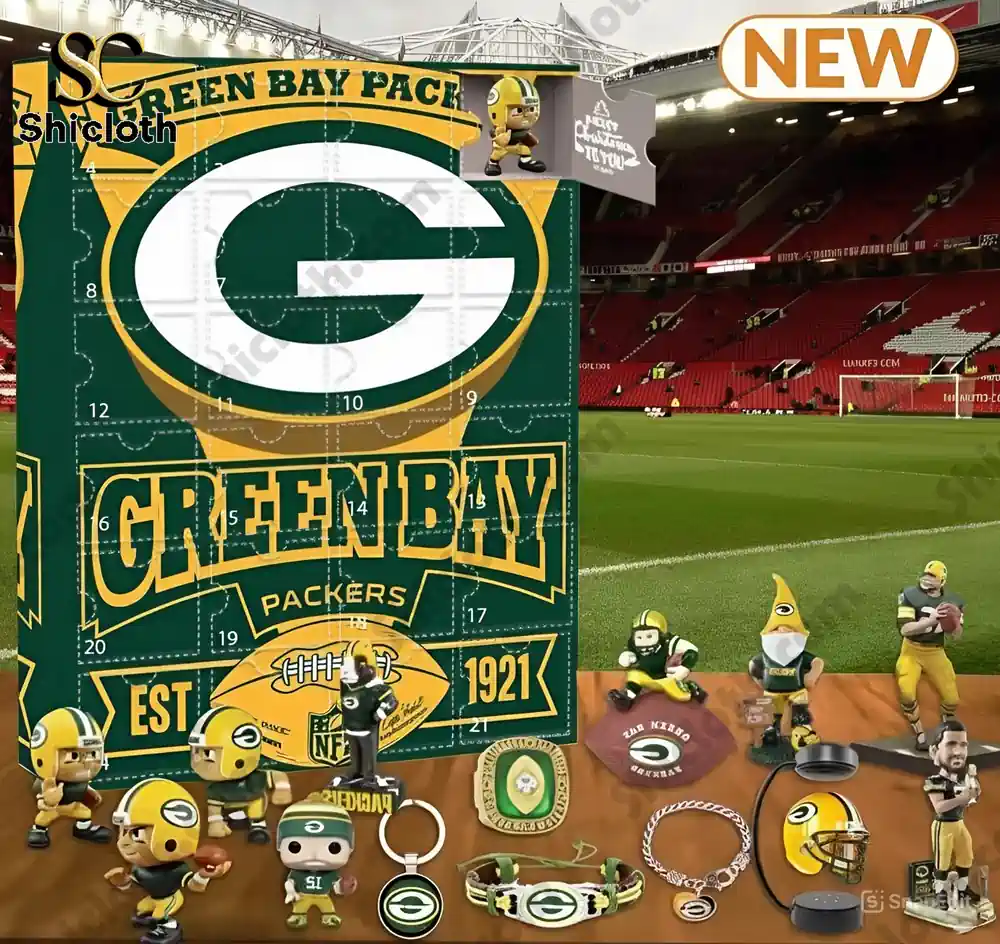Green Bay Packers Advent Calendar box displayed in a football stadium with small figures and accessories.