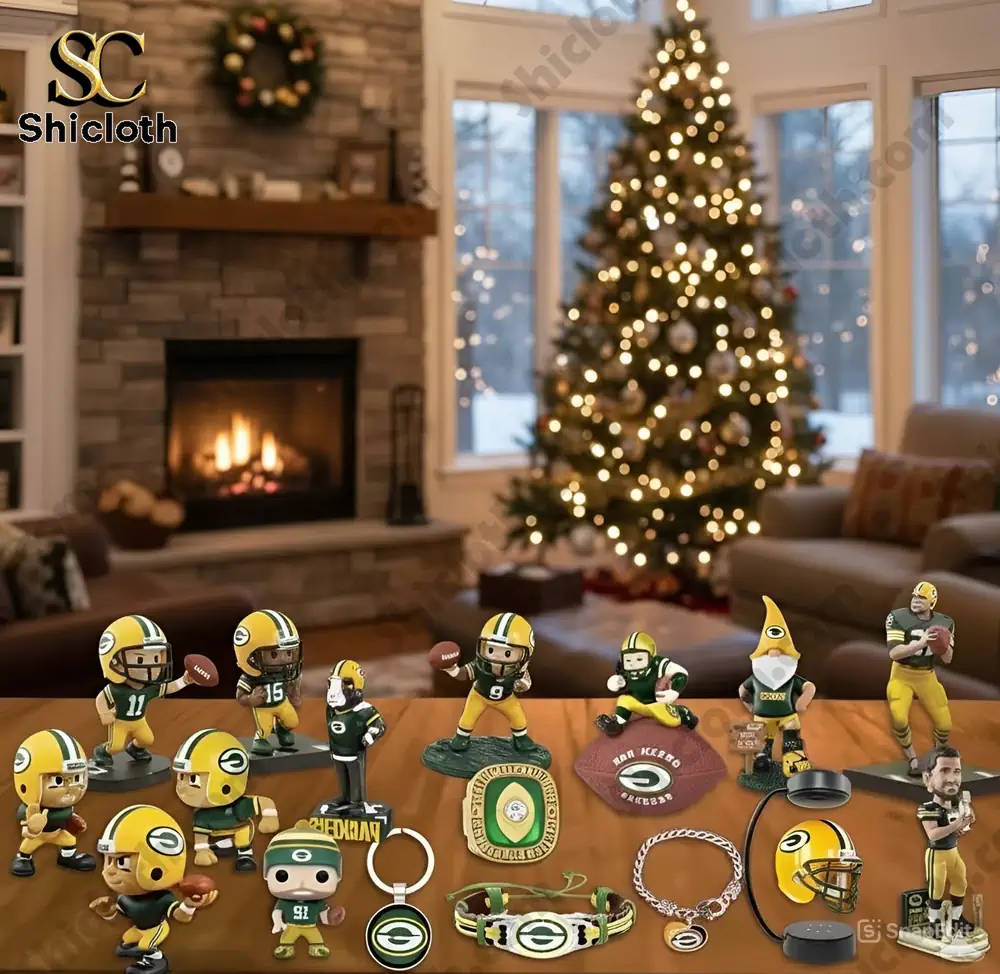 Green Bay Packers Advent Calendar 2025 NFL Countdown Gift Box 3 Green Bay Packers figures and collectibles displayed on a table with a Christmas tree in the background.