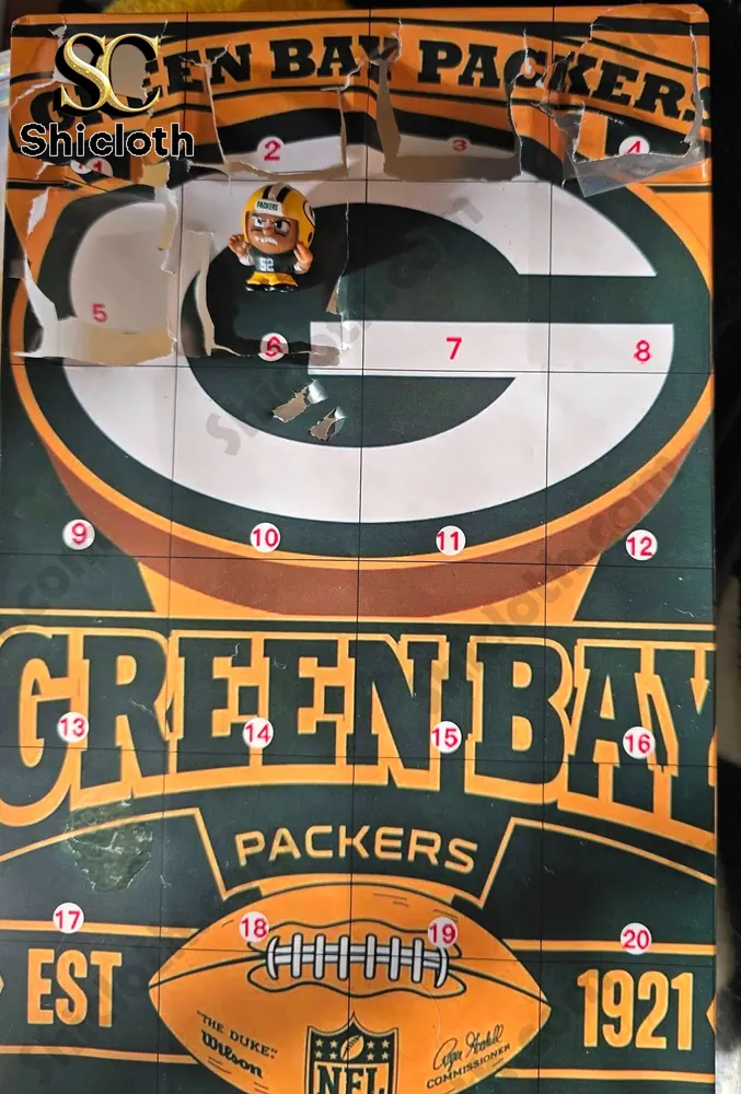 Green Bay Packers Advent Calendar 2025 NFL Countdown Gift Box 5 Opened Green Bay Packers Advent Calendar revealing a mini player figure inside.
