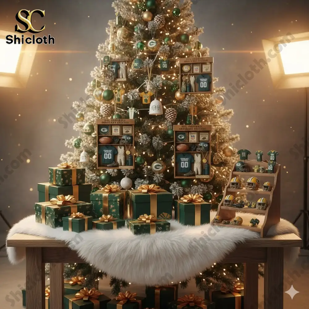 Christmas tree decorated with Green Bay Packers themed ornaments and gift boxes!
