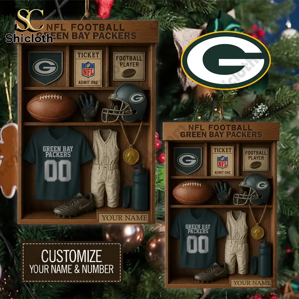 Customizable Green Bay Packers ornament box with team gear inside!