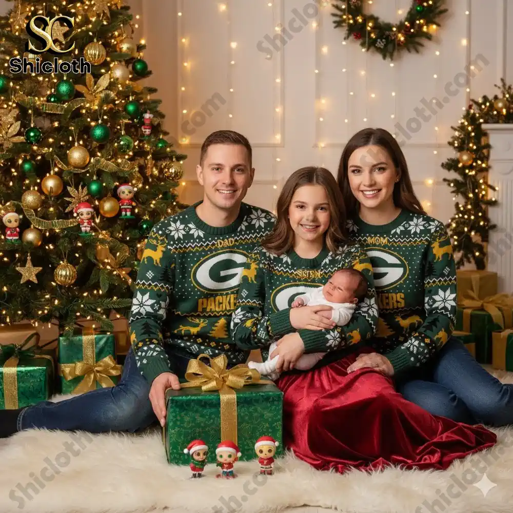 A family of four dressed in Packers sweaters poses by a Christmas tree with presents and festive decorations.