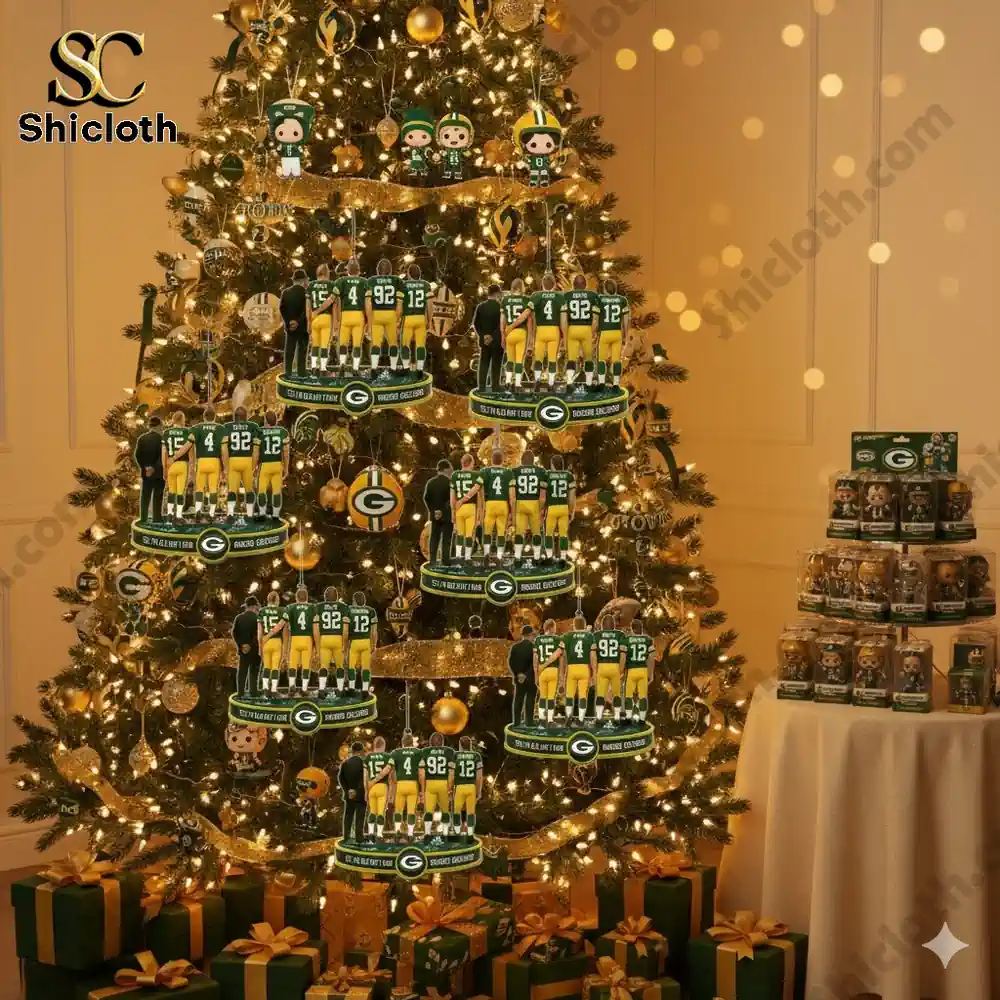 Christmas tree decorated with Green Bay Packers ornaments and figurines.