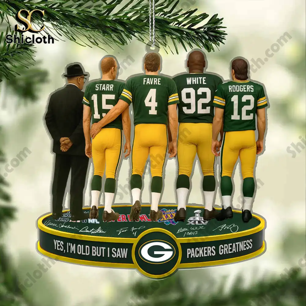 Green Bay Packers NFL legends ornament with players Starr, Favre, White, and Rodgers.