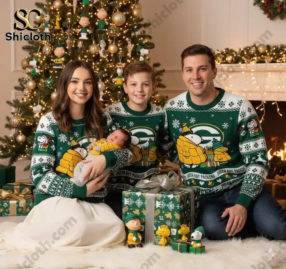 A family dressed in Green Bay Packers-themed Christmas sweaters featuring Snoopy, sitting in front of a Christmas tree with wrapped gifts.