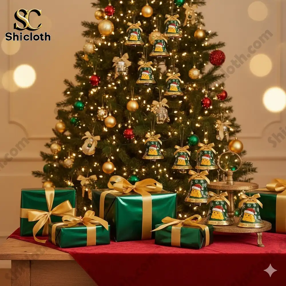 A Christmas tree decorated with Green Bay Packers themed bell ornaments and green gift boxes with golden ribbons!