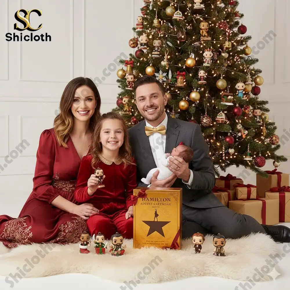 A happy family sitting near a Christmas tree with the 2025 Hamilton Advent Calendar box and collectible figures displayed around them!