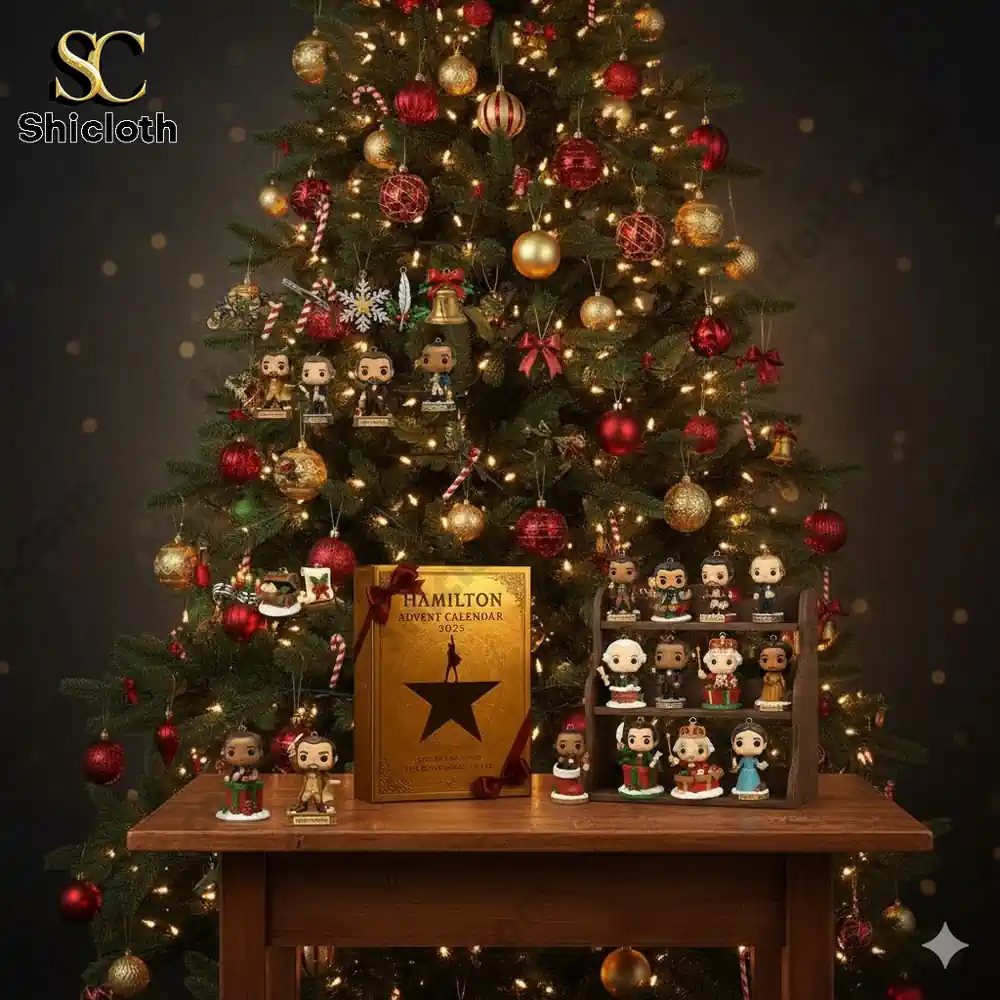A Christmas tree decorated with Hamilton character figures and the 2025 Hamilton Advent Calendar box by Shicloth!