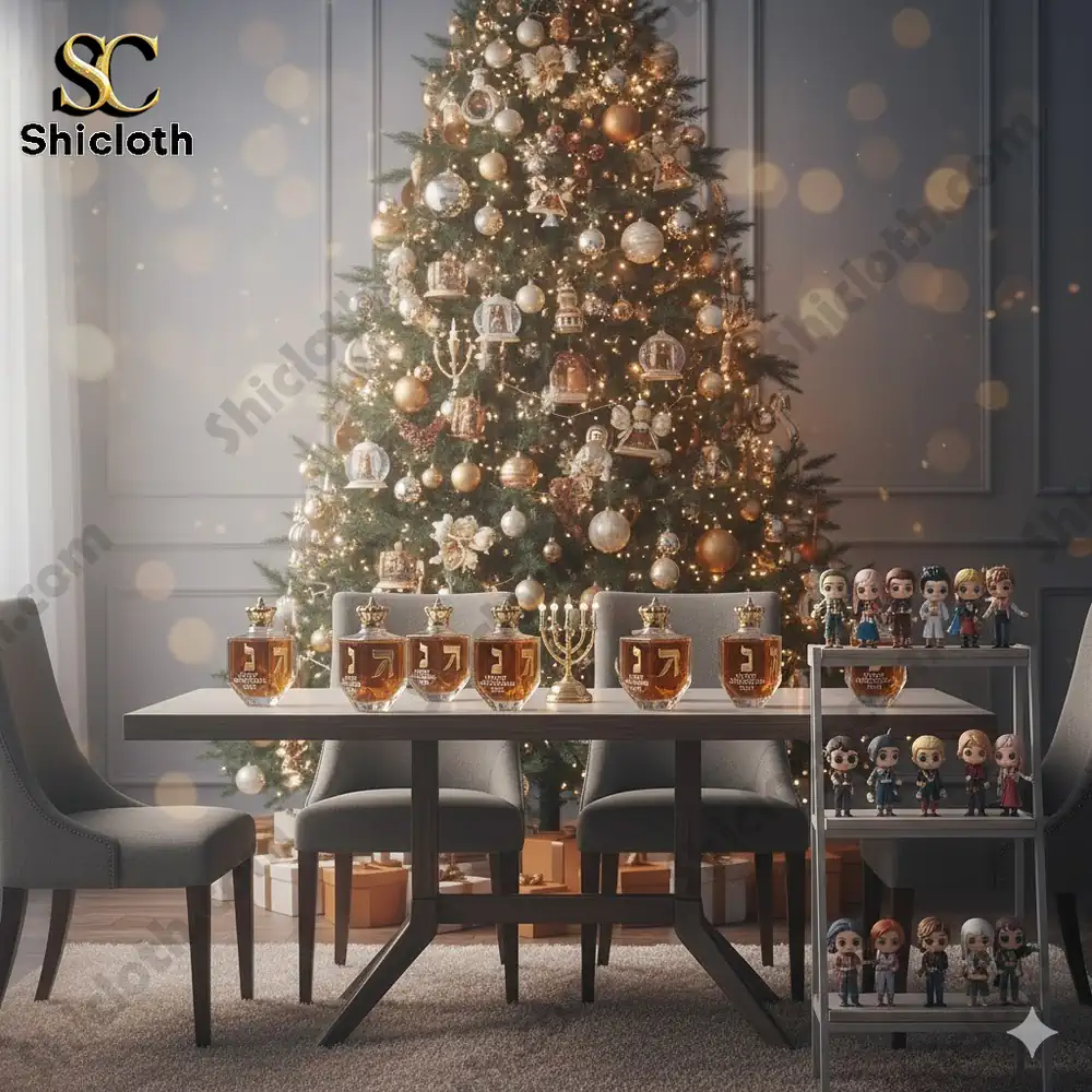 A holiday table with spinner shaped bottles and a large decorated tree in the background.