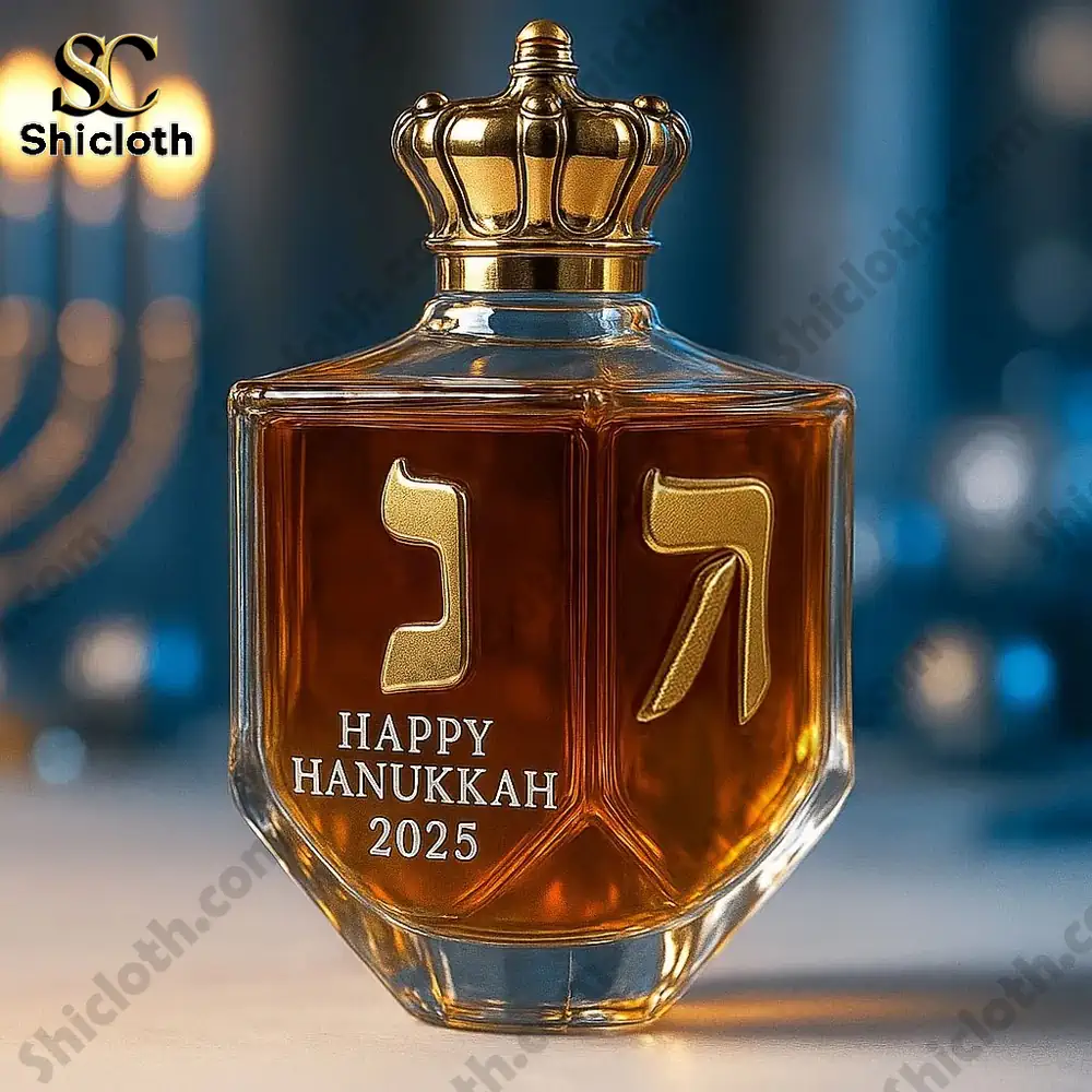 A close view of a spinner shaped bottle labeled Happy Hanukkah 2025.