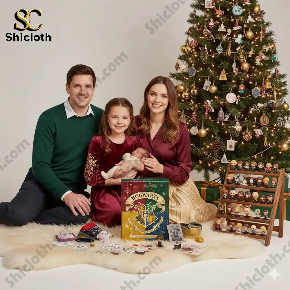 A family sitting by a Christmas tree with a Harry Potter Hogwarts advent calendar and festive decorations!