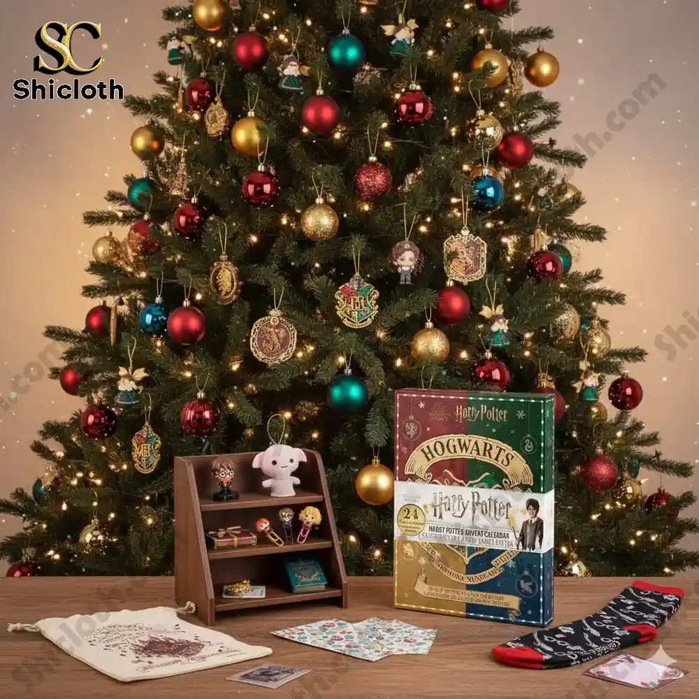 Harry Potter themed Christmas tree with Hogwarts advent calendar and gifts on a wooden table!