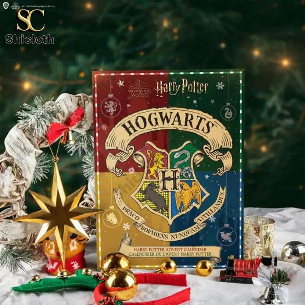 Harry Potter Advent Calendar 2025 24 Magical Surprises from Hogwarts 4 Harry Potter Hogwarts advent calendar surrounded by Christmas decorations and lights!