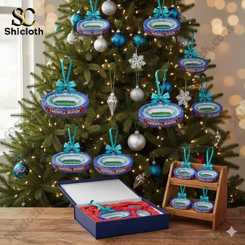 Christmas tree decorated with multiple Highmark Stadium farewell season ornaments from Shicloth