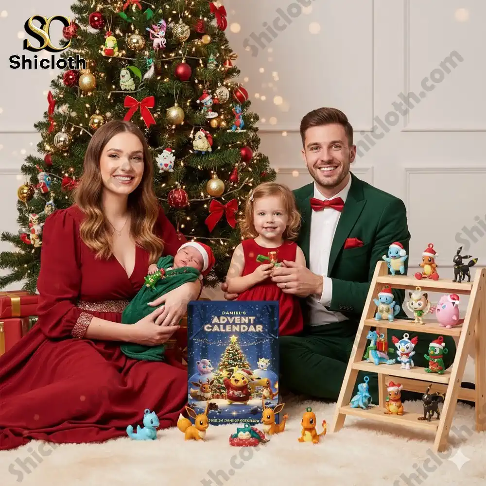 A family poses by a Christmas tree with a Pokemon advent calendar and small Pokemon figures on display!