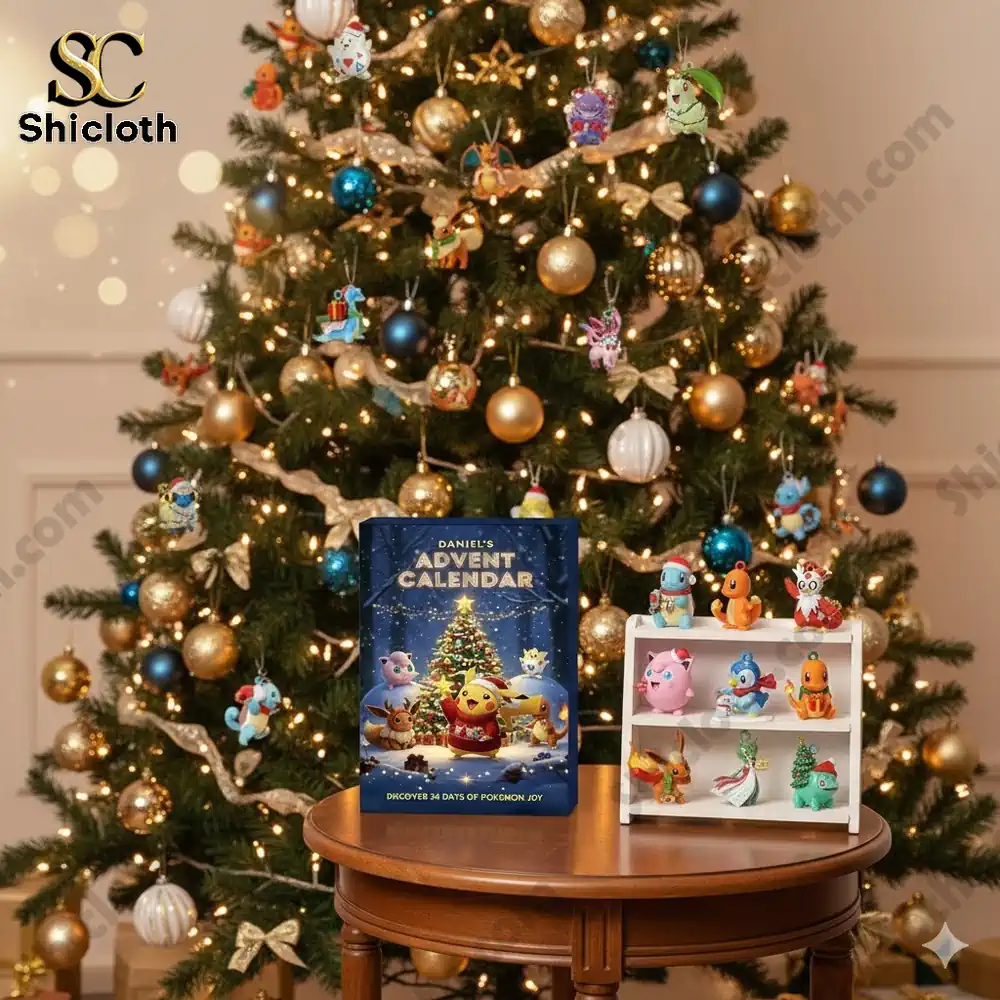 Pokemon advent calendar box set on a table in front of a decorated Christmas tree!